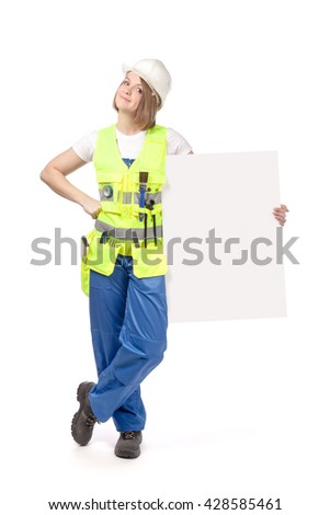 smiling construction female worker holding blank board with empty copy space for you text isolated on white background. advertisement banner. your text here
