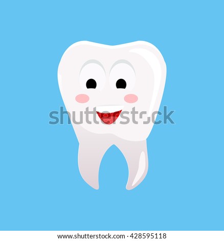 Healthy tooth with happy face. Vector illustration. Smiling tooth. White tooth on blue background