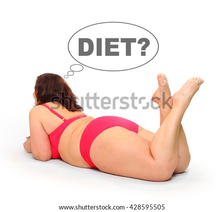 Overweight woman in bikini swimmsuit tanning on the beach. People isolated on white background. Healthy lifestyle, slimming and dieting theme. Weight loss idea. Picture with space for your text.