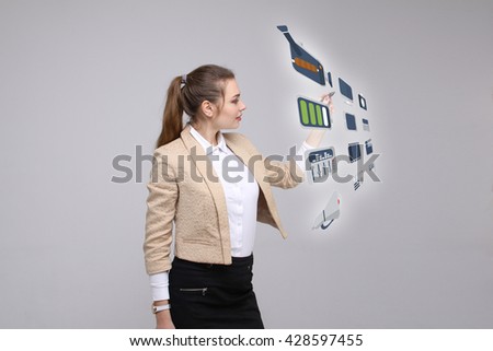 Woman pressing multimedia and entertainment icons on a virtual background