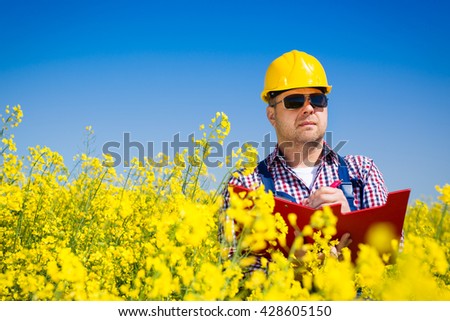 Worker in a rapeseed field doing inspection for biodiesel production