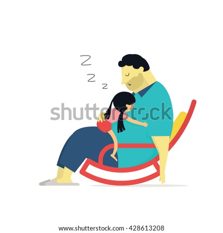 Vector illustration of daughter sleeping on big daddy who sitting on chair. Family concept of happy father's day or I love big daddy. 