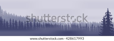 Horizontal abstract banners of hills of coniferous wood in dark blue tone.