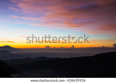 Stunning sunrise view of the famous Bromo nearby area, seen from top of Mt. Pananjakan, East Java, Indonesia