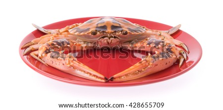 fresh crab on a red plate isolated on white background