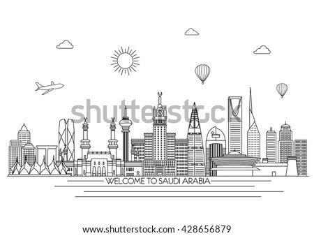 Saudi Arabia detailed Skyline. Travel and tourism background. Vector background. line illustration. Line art style Royalty-Free Stock Photo #428656879