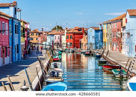 Colorful old houses on the Island of Burano near Venice, Italy Royalty-Free Stock Photo #428660581