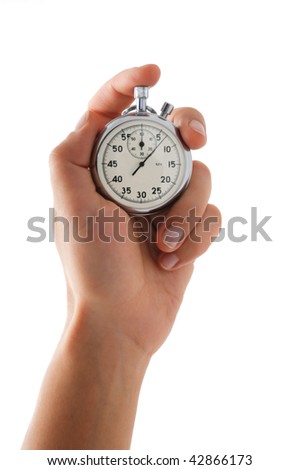 Running stopwatch in the hand, vertical composition, isolated on white Royalty-Free Stock Photo #42866173