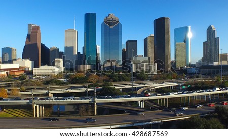 Drone view of Houston skyline.