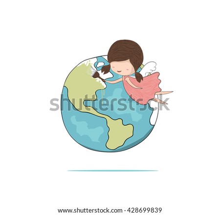 Cute doodle of a girl angel painting a world, drawing by hand vector 