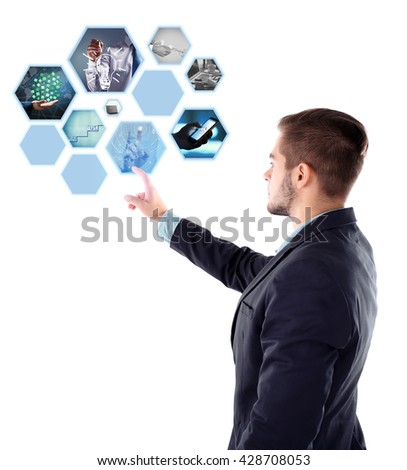 Man with preview digital business photos on virtual screen, concept of modern technology