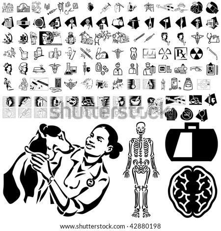 Medical set of black sketch. Part 104-5. Isolated groups and layers.