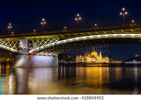 Evening view of famous Margit or Margaret Bridge and  Parliament building. Night scene in Budapest is World Heritage Site by UNESCO, Hungary, Europe. Artistic style post processed photo.