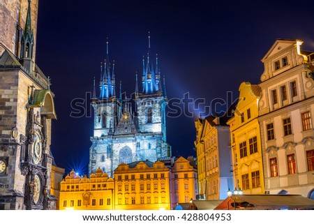 Picturesque view of Tyn Church and Old Town Square. Colorful night in Prague, Czech Republic, Europe. Artistic style post processed photo.