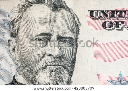 "Ulysses S. Grant" face from US fifty or 50 dollars bill macro, united states money closeup