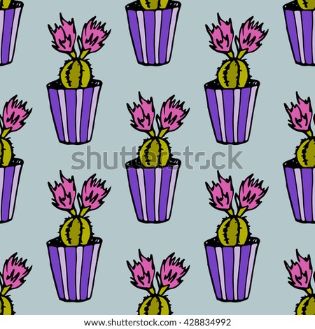 Seamless pattern with cactus and flowers in green and pink on cream background.