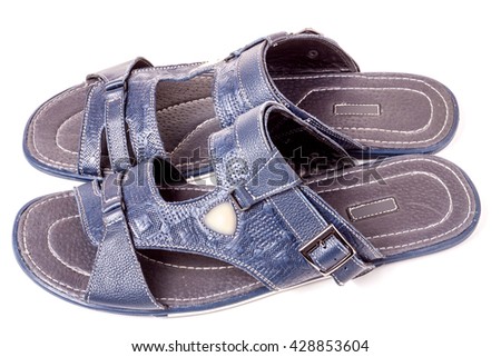 Mens summer blue leather sandals isolated on white background