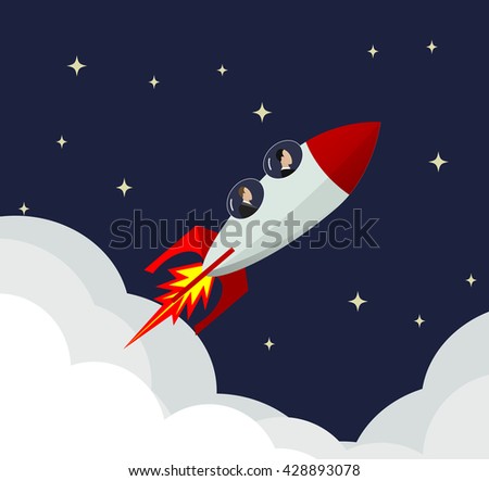 businessmen fly into the rocket through the sky. business success, start up concept