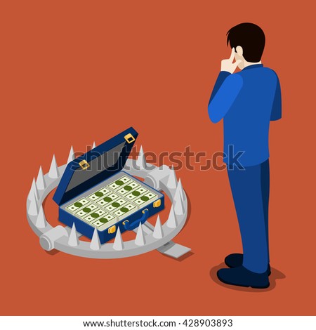 Isometric Bank Trap. Businessman Thinking About Credit. Vector flat 3d illustration