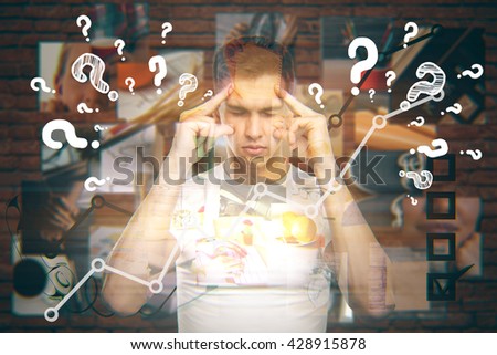 Young man thinking about life and trying to find answers to questions with thought images aroud him on red brick background
