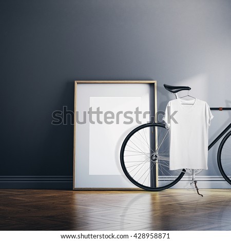 Photo Interior Modern Studio House with Classic bicycle.Empty White Canvas on Natural Wood Floor.Blank Tshirt hanging Bike. Horizontal mockup