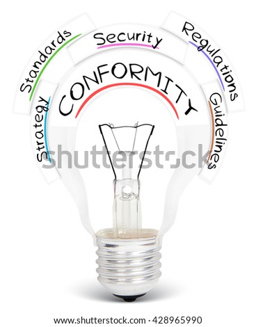 Photo of light bulb with CONFORMITY conceptual words isolated on white