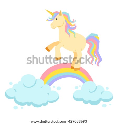 Unicorn ride on rainbow and clouds magic vector set. Cute cartoon illustration. Birthday greeting card. Child poster