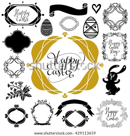 Happy Easter set. Background with calligraphic text, hand drawn flowers, ribbon, heart, frames, eggs, rabbit isolated