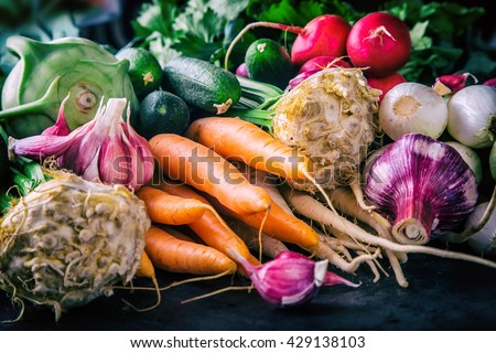 Assortment of fresh vegetables. Carrot garlic kohlrabi onion celery cucumber parsnip and radish on table. Royalty-Free Stock Photo #429138103