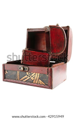 two open wooden chests with metal ornament