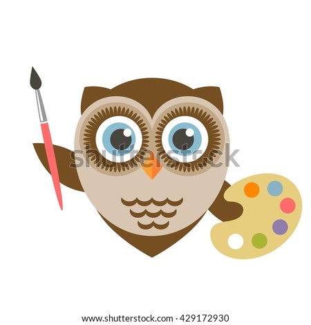 Cute owl artist holding brush and palette