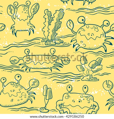 Vector doodle  summer seamless pattern with crab characters and water waves