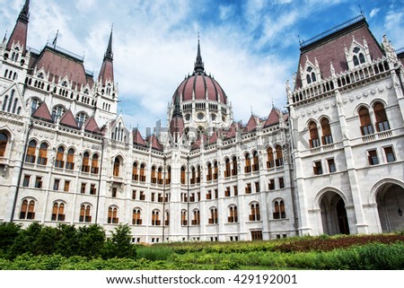 Hungarian parliament building - Orszaghaz, also known as the Parliament of Budapest, Hungary. House of the nation. Cultural heritage. Travel destination. Architectural theme. Lajos Kossuth square. Royalty-Free Stock Photo #429192001