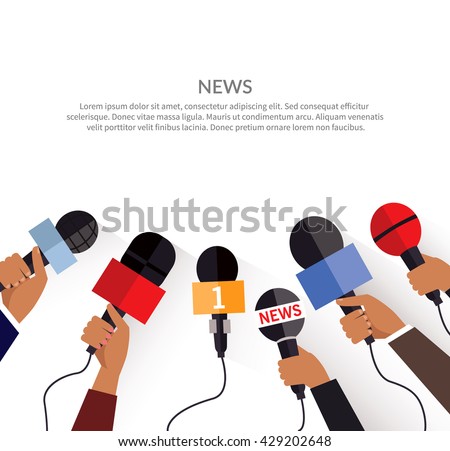 News banner poster template flat. Set of microphone. Media tv and interview, information for television, broadcasting mass and communication, collection microphones in hand. Vector illustration 
