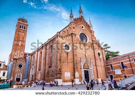 View of Santa Maria Gloriosa dei Frari Church in Venice, Italy (Basilica di Santa Maria Gloriosa dei Frari) on a sunny summer day Royalty-Free Stock Photo #429232780