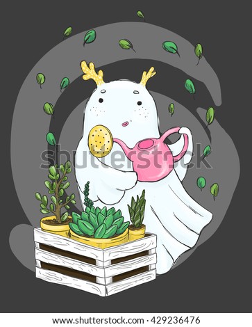 Vector illustration cute Ghost with horns gardening. 