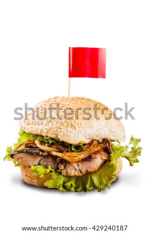 A delicious juicy burger with a fish on a white background