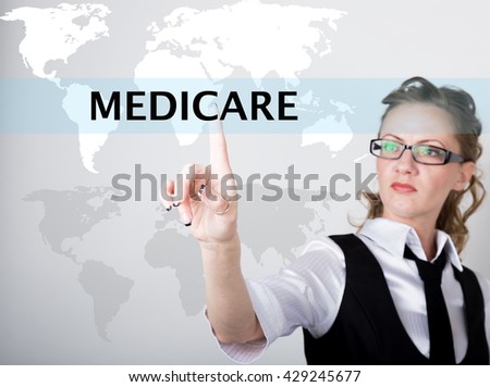Medicare written in search bar on virtual screen. Internet technologies in business and home. woman in business suit and tie, presses a finger on a virtual screen