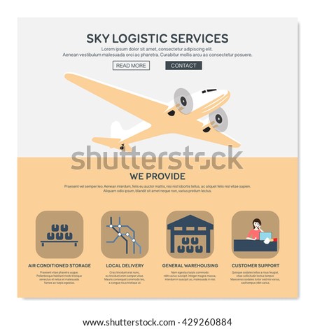 One page web design template with sky logistic services like general warehousing or local delivery. Flat design graphic, website elements layout. Vector illustration.
