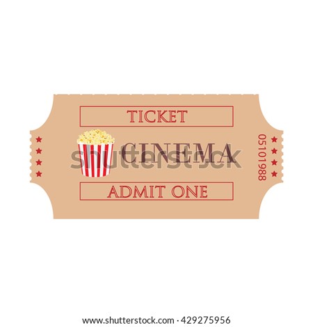 Raster illustration cinema ticket with popcorn symbol isolated on white background. Admit one. Movie ticket