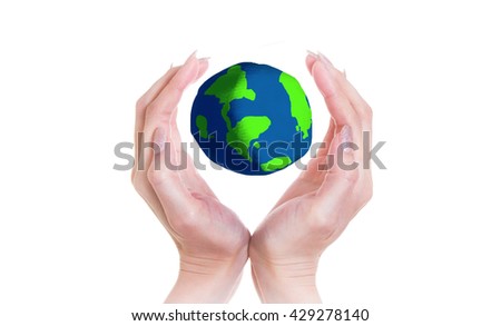 Two hands are protecting Earth on white isolate background