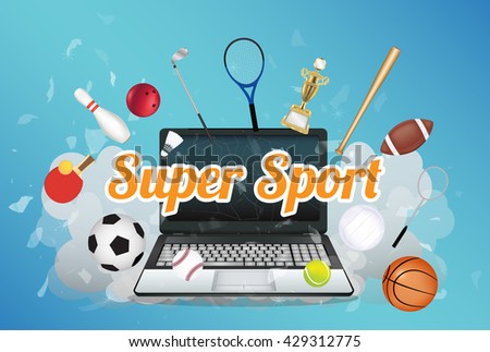Super Sport  with sport equipment floating on exploded laptop