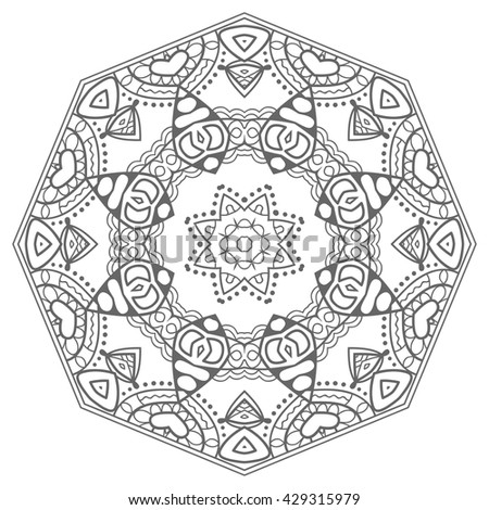 Black and white geometric mandala background. Round ornament decoration, isolated design element. Zentangle art for coloring book. Tribal ethnic floral mandala pattern doodle sketch for coloring page