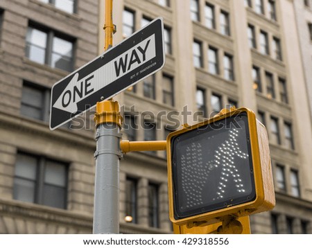 Traffic signal and one way sign in New York City