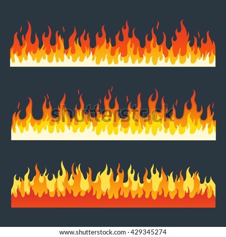 Fire flames vector set in a flat style. Cartoon burning fire flame isolated on a dark background. 