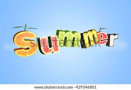 Summer Text made of various summer fruits: orange, watermelon, lime, pineapple, grapefruit, coconut. Word summer with fruit letters, 3D illustration.