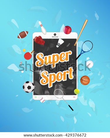 Super Sport on tablet screen with sport equipment floating on exploded tablet