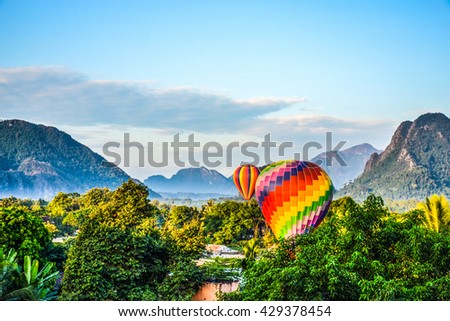 Beautiful views of the mountains and the balloon tour, landmarks travels Vang Vieng, Laos. Royalty-Free Stock Photo #429378454
