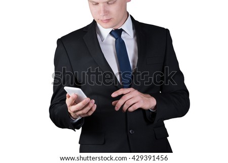 young businessman holding a mobile phone isolated on white background