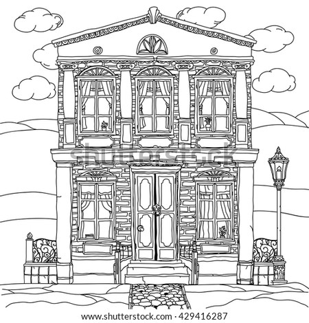Black and white illustration of a house with details for adult coloring book or for zen art therapy anti stress drawing. Hand-drawn, vector,very detailed, for coloring book, poster design, uncolored